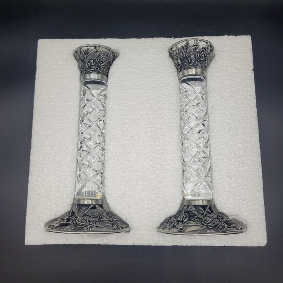 Crystal Clear Set of 2 Candlesticks Rose Design Candle Holders 8.5" - Picture 3 of 13